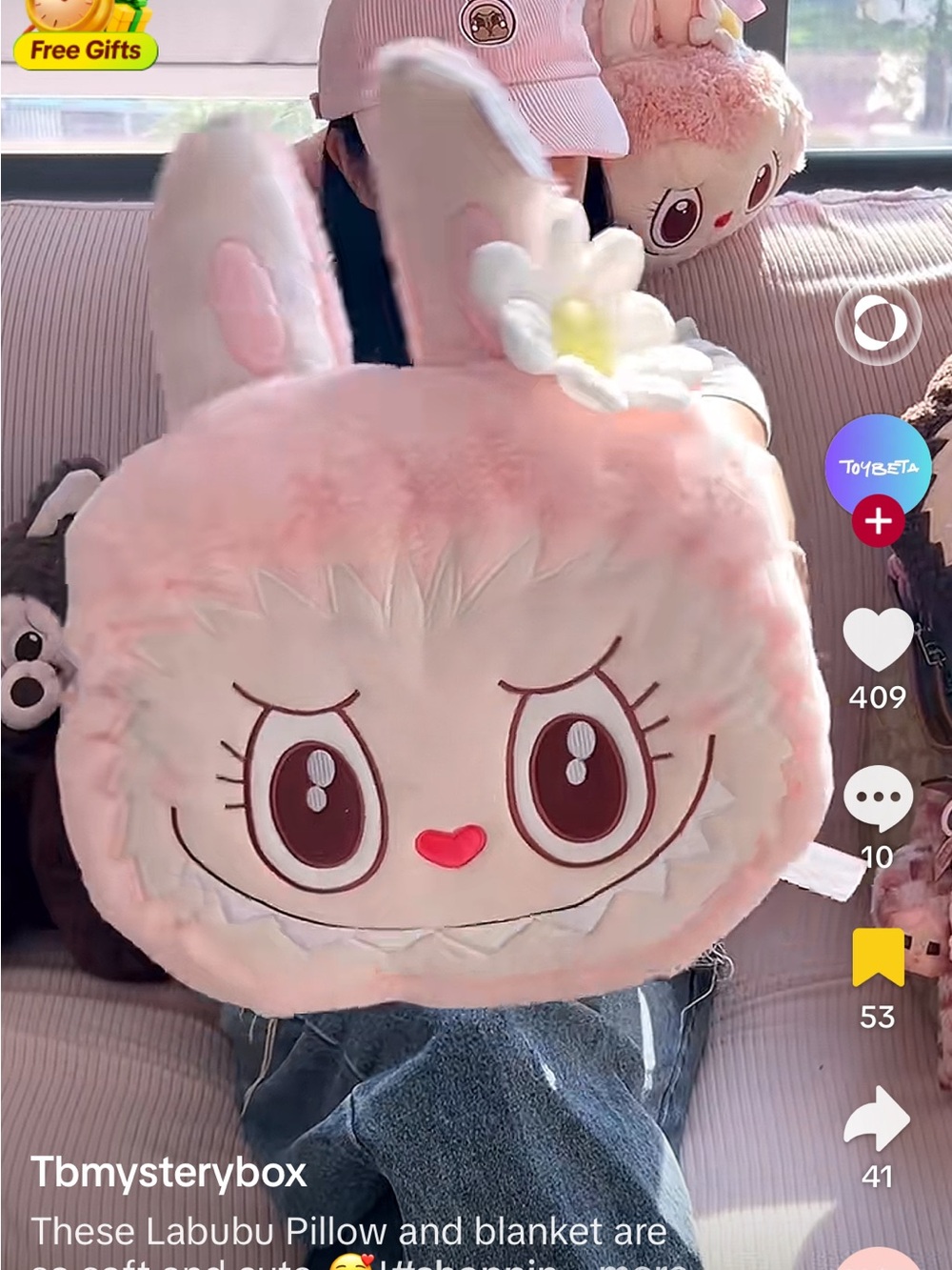 Pop Mart Labubu Pink Plush Pillow with Blanket - Cute Daisy Accent
